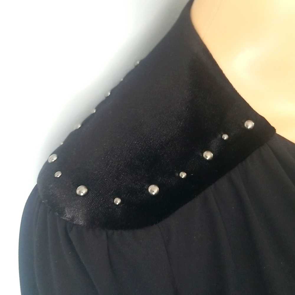 Vtg Whimsigoth Black Studded Peasant Blouse Velvet Trim Tassel Keyhole Top L - Picture 7 of 16